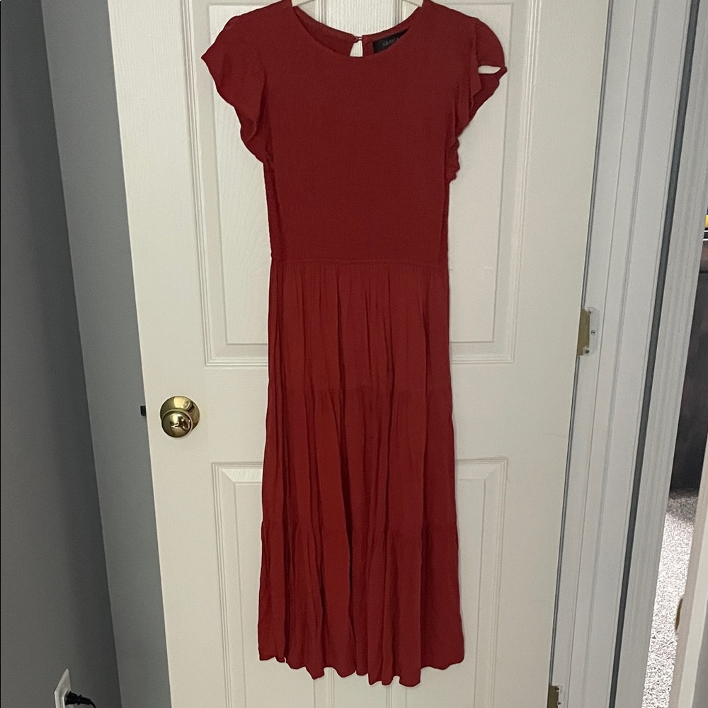 Women's rust Maxi Dress - Elegant Cap Sleeve Design